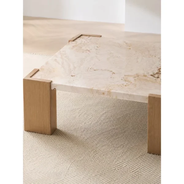 Persian White Jade Marble Coffee Table on Oak Corner Legs in oatmeal — in a room setting