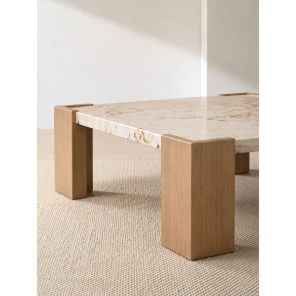 Persian White Jade Marble Coffee Table on Oak Corner Legs in oatmeal — in a room setting
