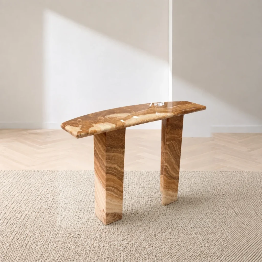 Persian Onyx Console Table with Rounded Slab Legs in rust — front view