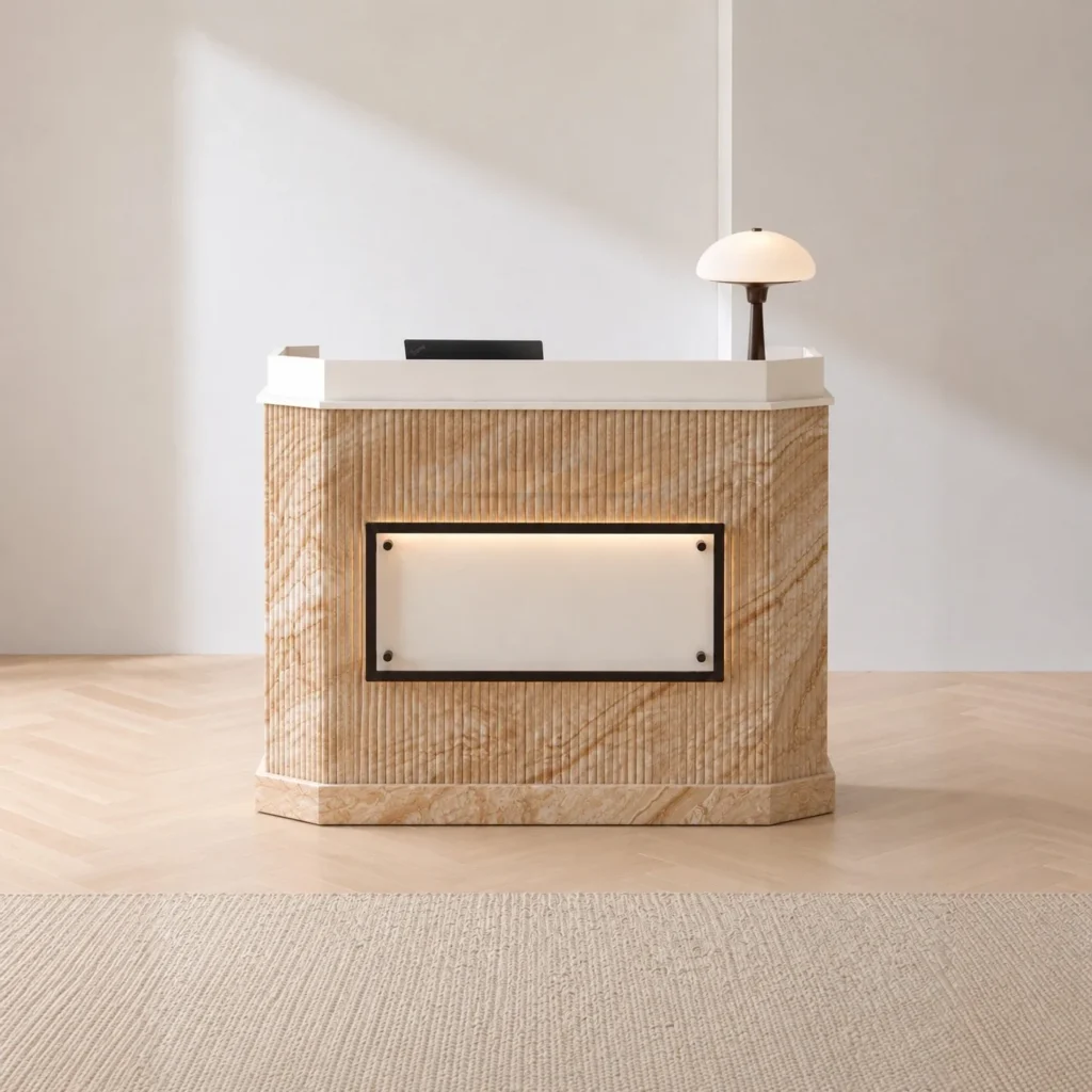Persian White Jade Fluted Reception Desk in oatmeal — front view