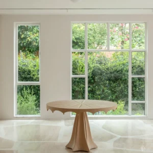 Petal Round Dining Table with Radiating Marquetry in sand — front view