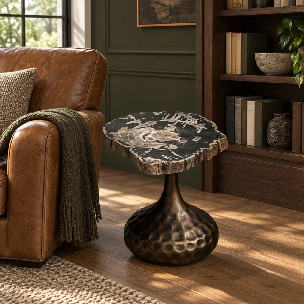 Petrified Wood Side Table on Hammered Bronze Base in black — front view