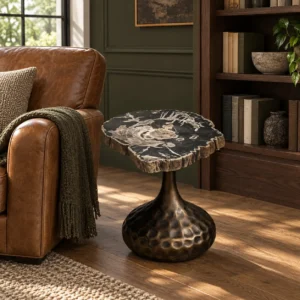 Petrified Wood Side Table on Hammered Bronze Base in black — front view