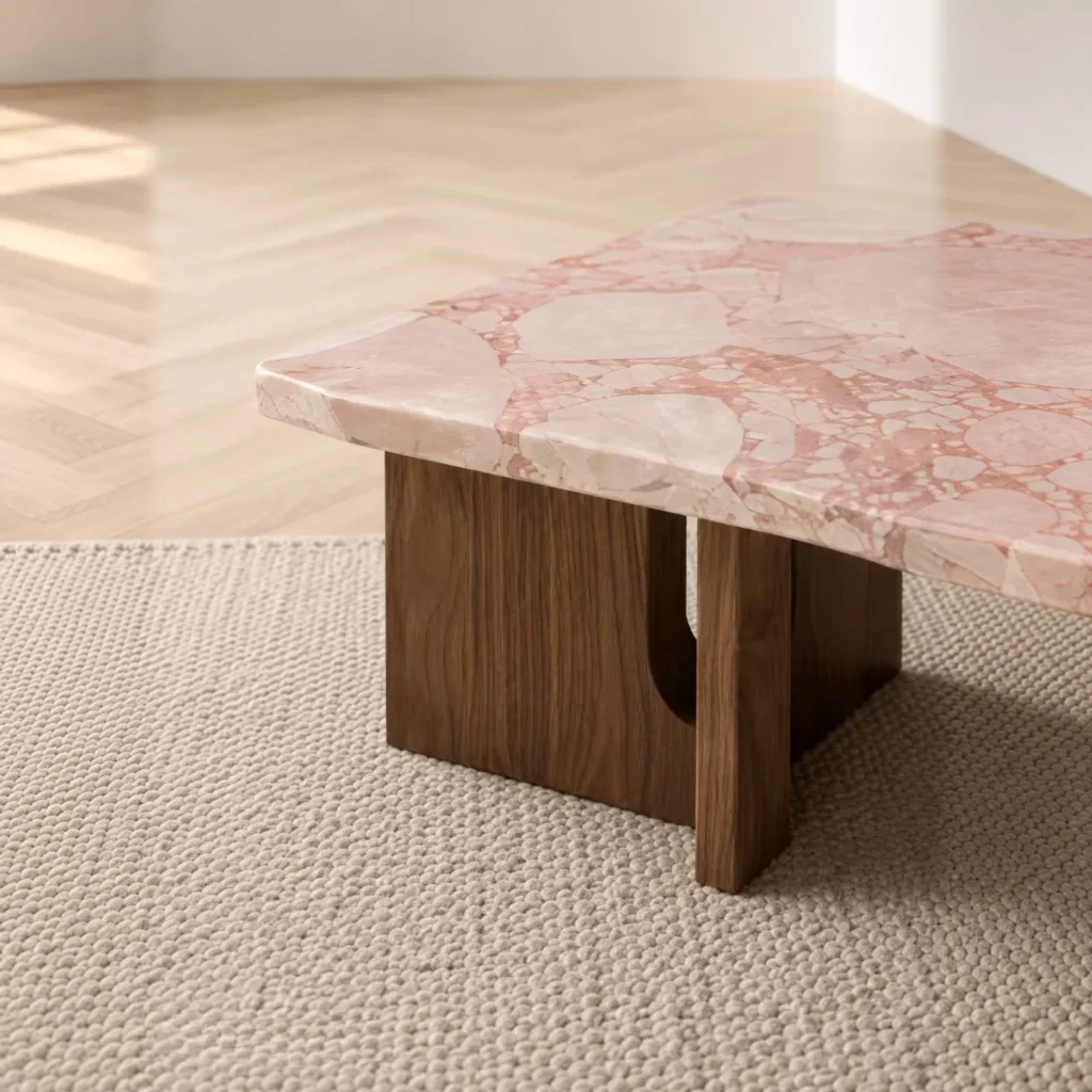 Pink Marble Square Coffee Table on Walnut Bridge Base in rose stone — front view