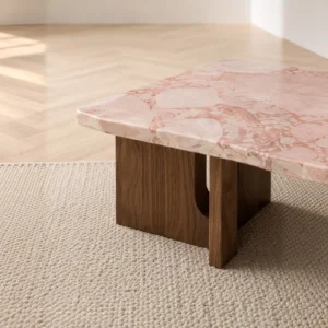 Pink Marble Square Coffee Table on Walnut Bridge Base in rose stone — front view