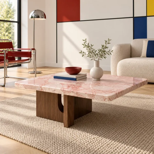 Pink Marble Square Coffee Table on Walnut Bridge Base in rose stone — in a room setting