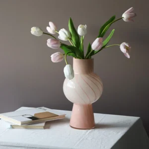 Pink Striped Gourd Glass Tulip Vase in rose stone — front view