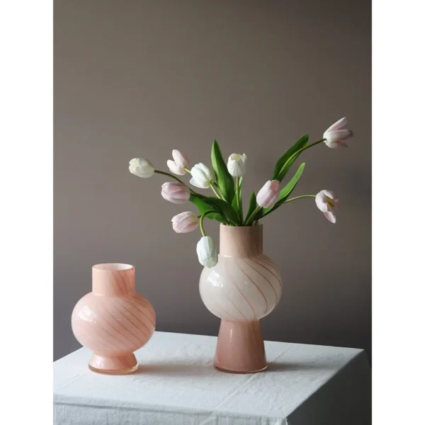 Pink Striped Gourd Glass Tulip Vase in rose stone — in a room setting