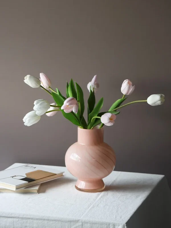 Pink Striped Gourd Glass Tulip Vase in rose stone — in a room setting