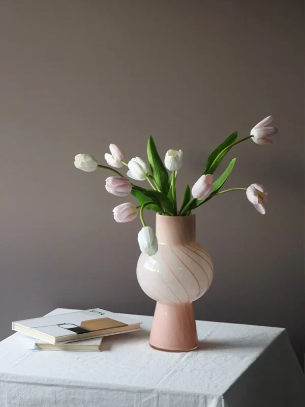 Pink Striped Gourd Glass Tulip Vase in rose stone — in a room setting