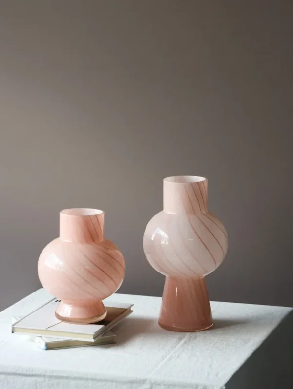 Pink Striped Gourd Glass Tulip Vase in rose stone — in a room setting