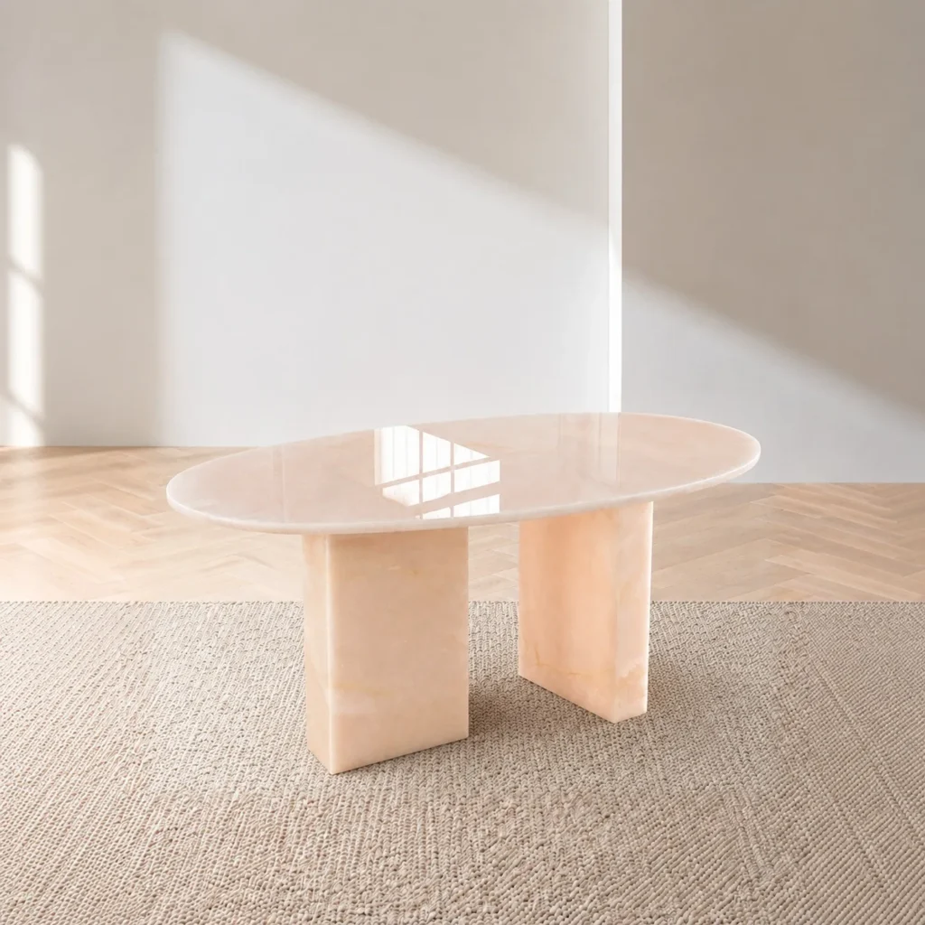 Pink Jade Oval Coffee Table with Gold Veining in rose stone — front view