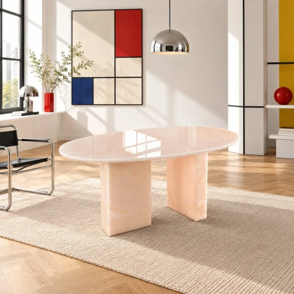 Pink Jade Oval Coffee Table with Gold Veining in rose stone — in a room setting