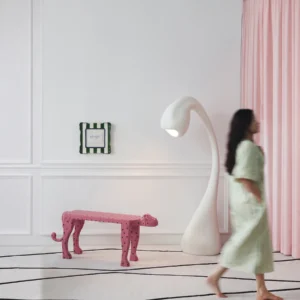 Pink Leopard Sculptural Bench in rose stone — front view