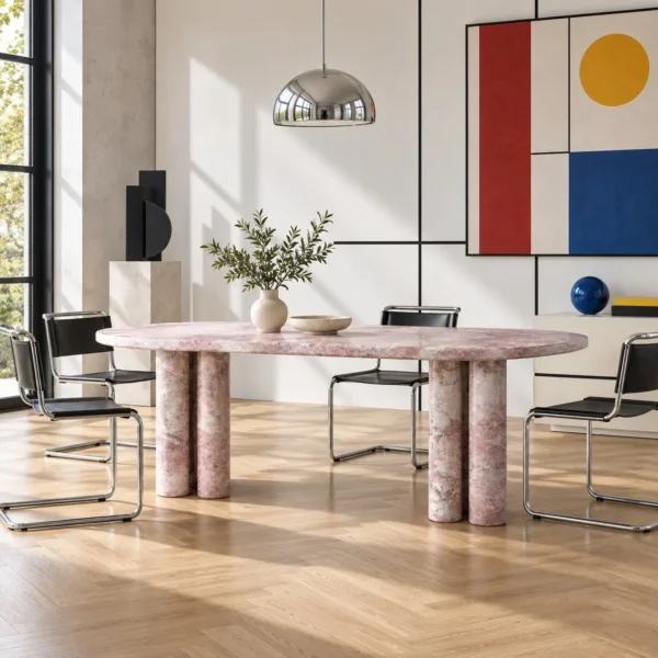Pink-White Marble Oval Dining Table on Stone Cylinders in rose stone — in a room setting