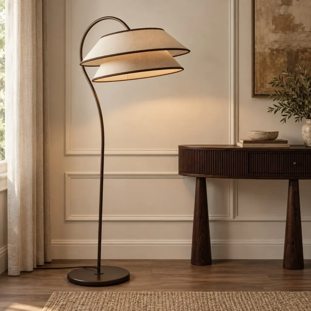 Pitman Arc Floor Lamp with Tiered Ivory Linen Shade in oatmeal — front view