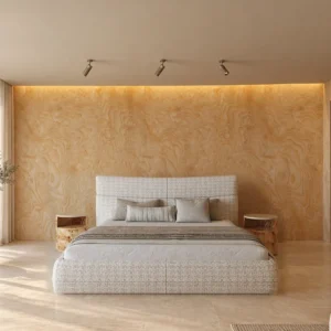 Check Cotton-Linen Bed with Cross-Stitched Headboard in oatmeal — front view