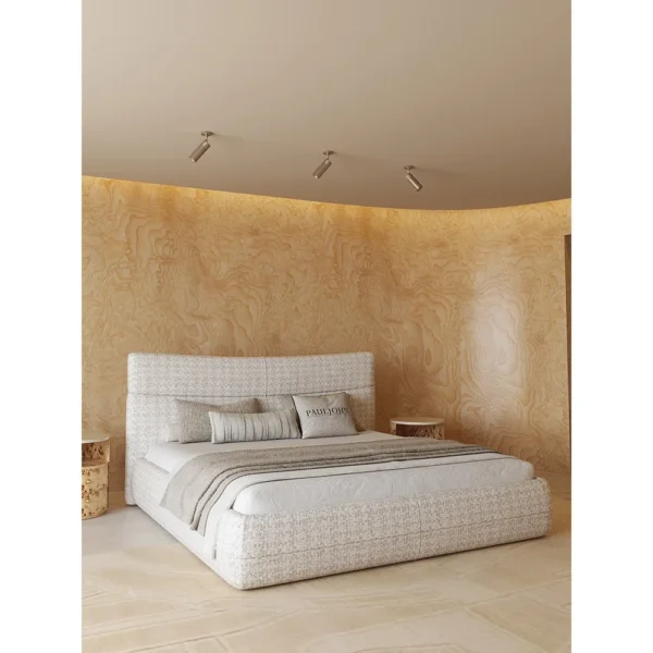 Check Cotton-Linen Bed with Cross-Stitched Headboard in oatmeal — in a room setting