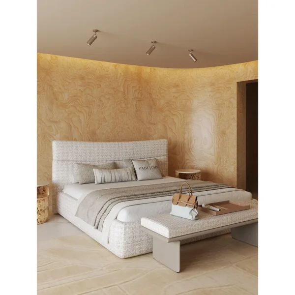 Check Cotton-Linen Bed with Cross-Stitched Headboard in oatmeal — in a room setting