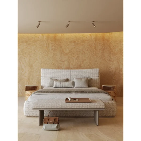 Check Cotton-Linen Bed with Cross-Stitched Headboard in oatmeal — in a room setting