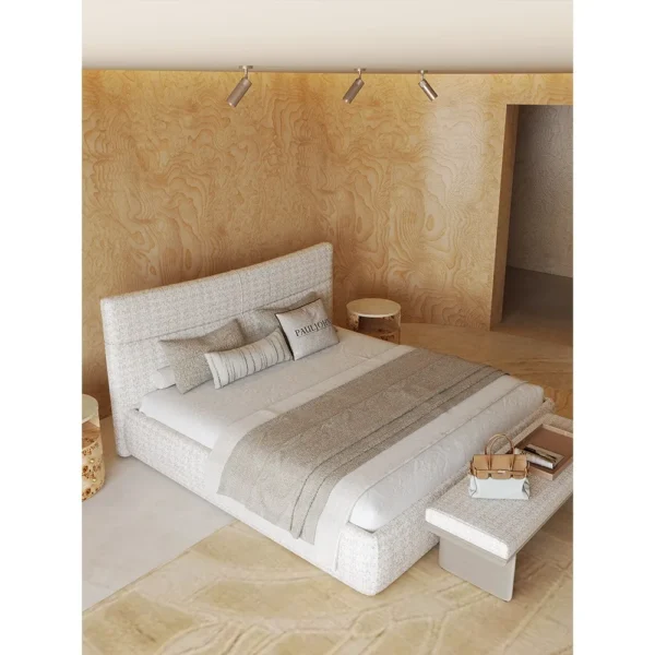 Check Cotton-Linen Bed with Cross-Stitched Headboard in oatmeal — in a room setting