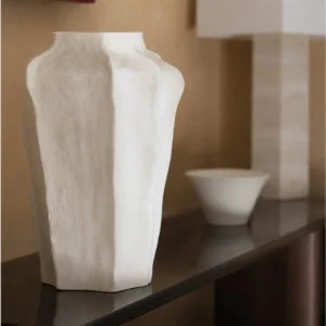Designer Hand-Pinched Faceted Tall Ceramic Vase in ivory — front view