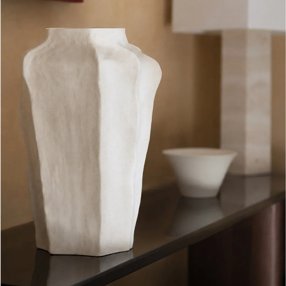 Designer Hand-Pinched Faceted Tall Ceramic Vase in ivory — front view