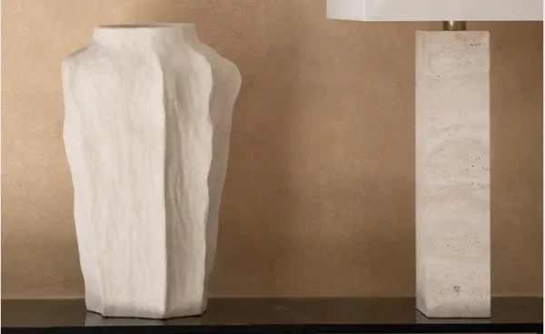 Designer Hand-Pinched Faceted Tall Ceramic Vase in ivory — in a room setting