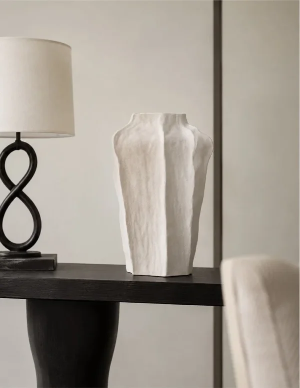 Designer Hand-Pinched Faceted Tall Ceramic Vase in ivory — in a room setting