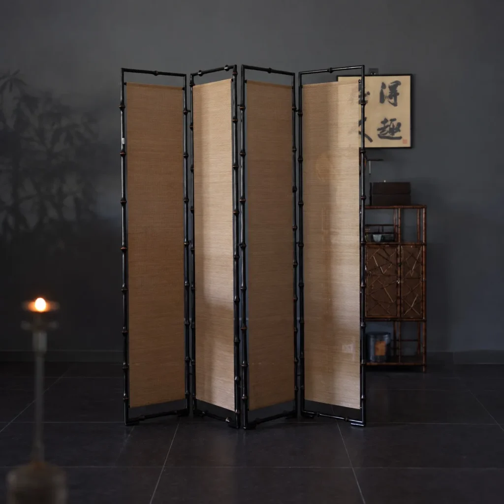 Plain Four-Panel Bamboo Blind Folding Screen in natural oak — front view