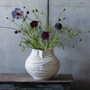 Plain White Layered Pleat Ceramic Vase with Torn Rim in ivory — front view
