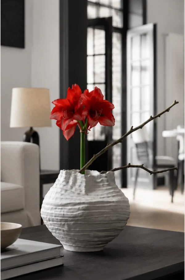 Plain White Layered Pleat Ceramic Vase with Torn Rim in ivory — in a room setting
