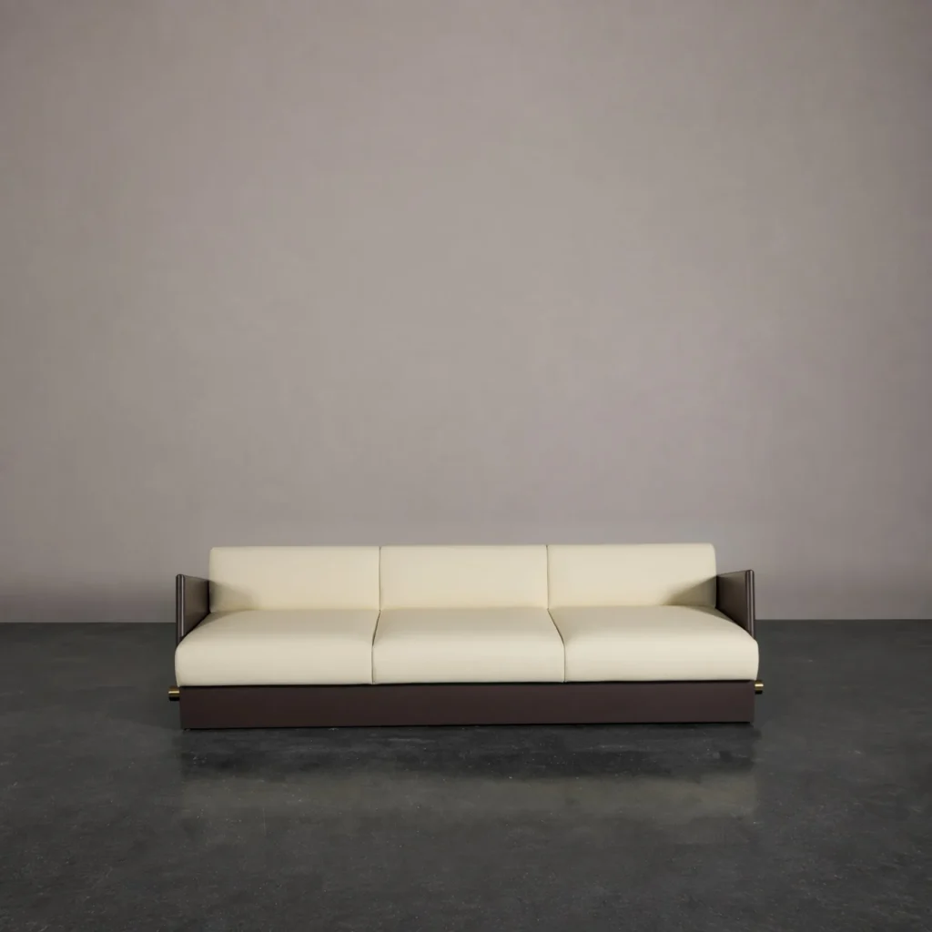 Platform Low-Base Sofa in Cream Leather with Brass Feet — front view