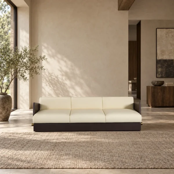 Platform Low-Base Sofa in Cream Leather with Brass Feet — in a room setting