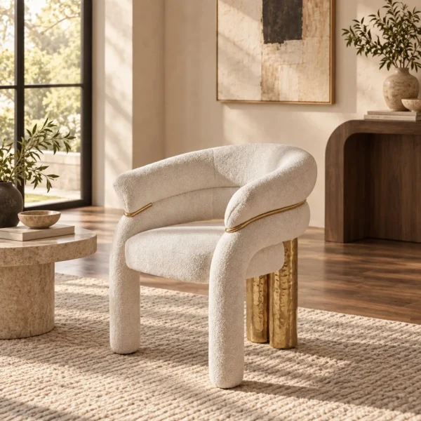 Vespera Cream Teddy Tub Chair with Gold Trim on Brass Legs in oatmeal — in a room setting
