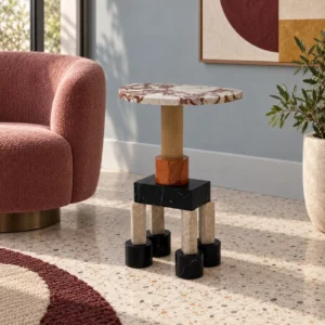 Playful Stacked Marble Side Table in Mixed Stones — front view