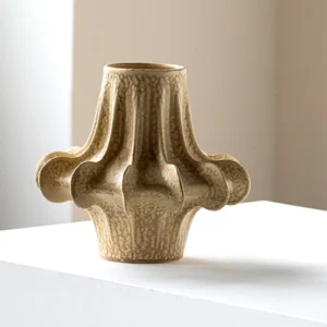 Designer Pleated Petal Ceramic Vase in Sand Beige, Two Forms — front view