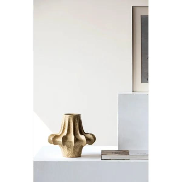 Designer Pleated Petal Ceramic Vase in Sand Beige, Two Forms — in a room setting