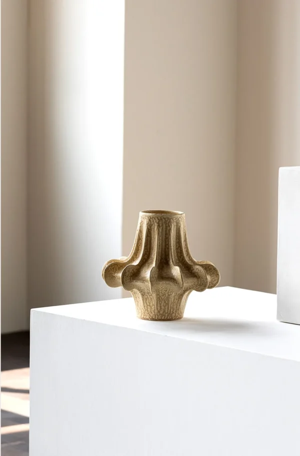 Designer Pleated Petal Ceramic Vase in Sand Beige, Two Forms — in a room setting