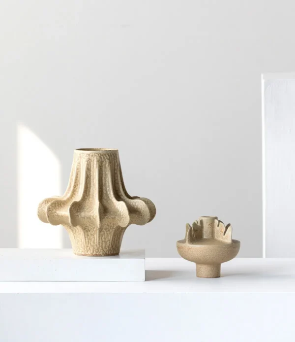 Designer Pleated Petal Ceramic Vase in Sand Beige, Two Forms — in a room setting
