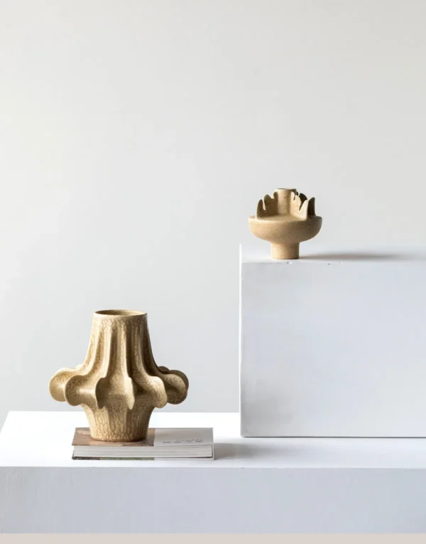 Designer Pleated Petal Ceramic Vase in Sand Beige, Two Forms — in a room setting