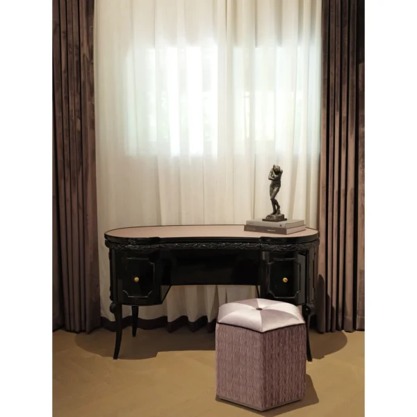 Pleated Mauve Velvet Art Pouf with Button Top in plum — in a room setting