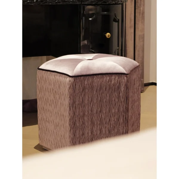 Pleated Mauve Velvet Art Pouf with Button Top in plum — in a room setting