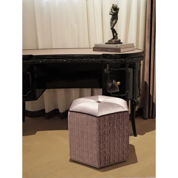Pleated Mauve Velvet Art Pouf with Button Top in plum — in a room setting