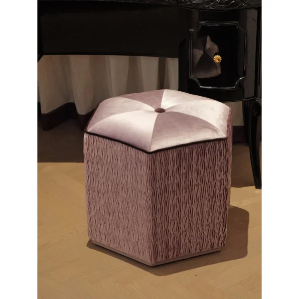 Pleated Mauve Velvet Art Pouf with Button Top in plum — in a room setting