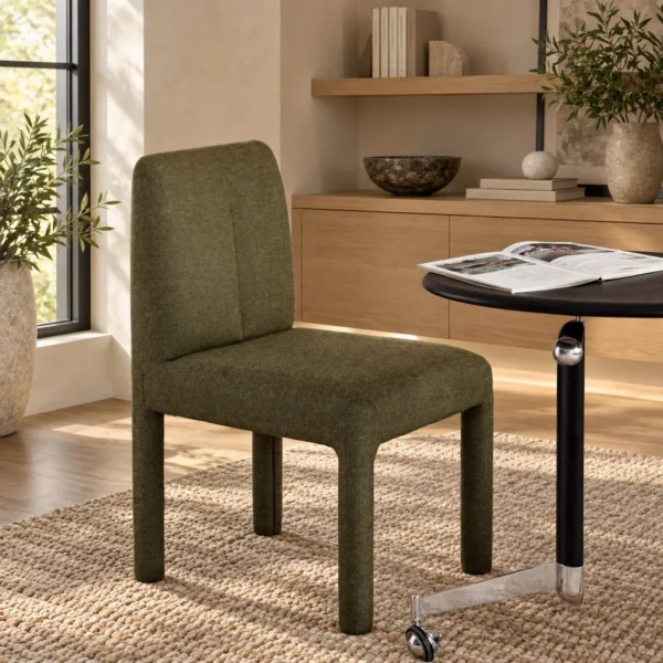 Plum Fully Upholstered Armless Chair in Olive Green — in a room setting
