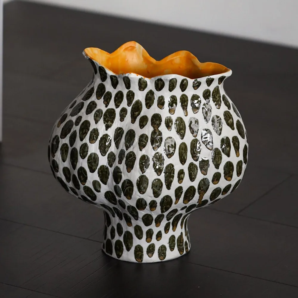 Polka Dot Textured Ceramic Vase with Orange Interior in oatmeal — front view