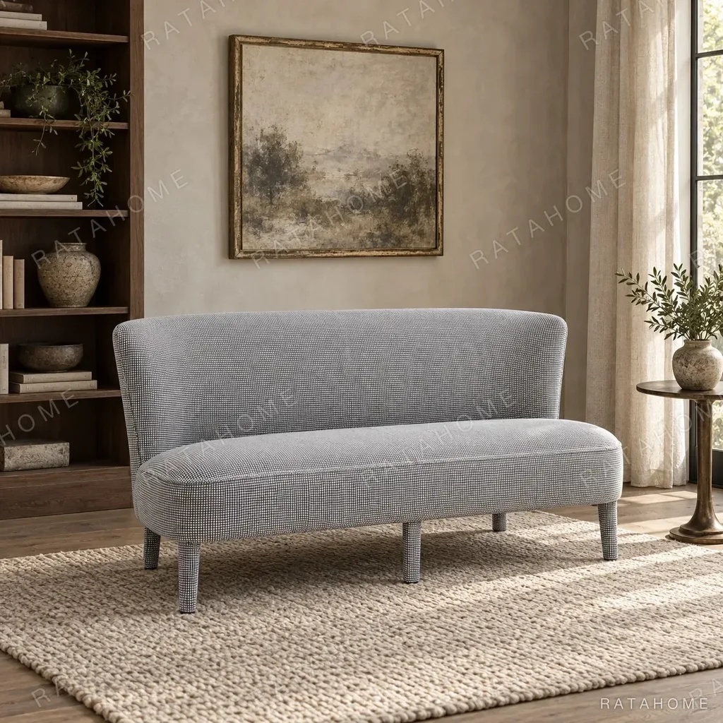 Poly Feibo Loveseat in Grey Textured Fabric on Tapered Legs — in a room setting