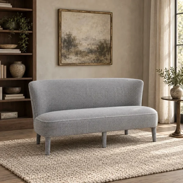 Poly Feibo Loveseat in Grey Textured Fabric on Tapered Legs — in a room setting