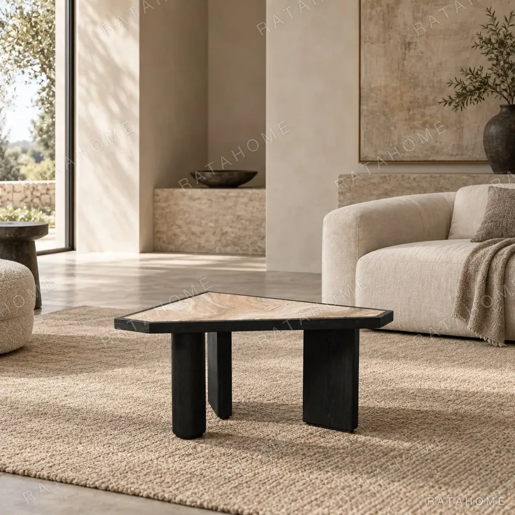 Polygonal Marble-Inset Low Table on Black Wood Legs in black — in a room setting